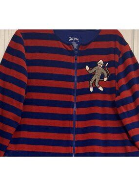 Nick & Nora Adult One Piece Footed Pajamas Sock Monkey Red Stripes Zip Up M